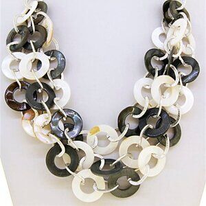Layered Mother of Pearl Disc Shells Midnight Charcoal White Silver Necklace Set